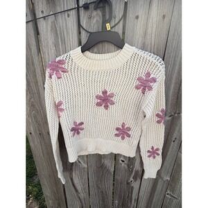 Cottagecore Boho Sugar Moon Floral Open Knit Sweater XS Cream Purple Whimsical